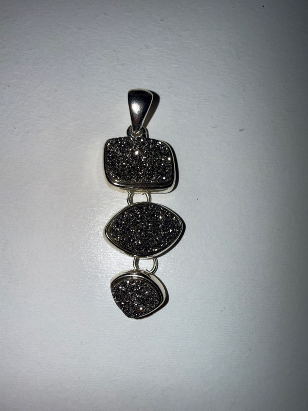 Silver-Tone Black Druzy Triple Drop Pendant